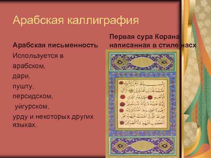 Арабская каллиграфия Арабская письменность Используется в арабском, дари, пушту, персидском, уйгурском, урду и некоторых