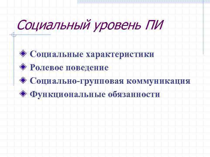 Социальный уровень ПИ Социальные характеристики Ролевое поведение Социально-групповая коммуникация Функциональные обязанности 