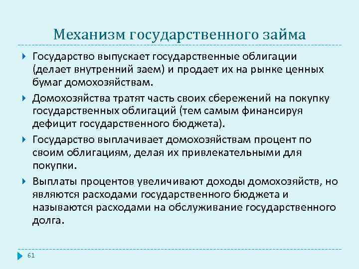 Механизм государственного займа Государство выпускает государственные облигации (делает внутренний заем) и продает их на