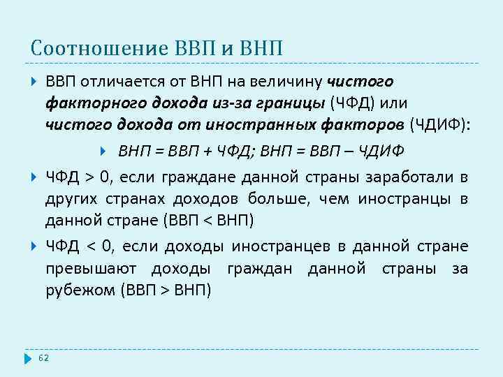 Соотношение ВВП и ВНП ВВП отличается от ВНП на величину чистого факторного дохода из-за