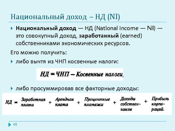 Национальный доход – НД (NI) Национальный доход — НД (National Income — NI) —