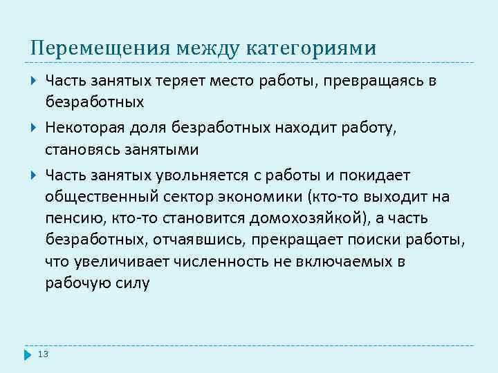 Перемещения между категориями Часть занятых теряет место работы, превращаясь в безработных Некоторая доля безработных