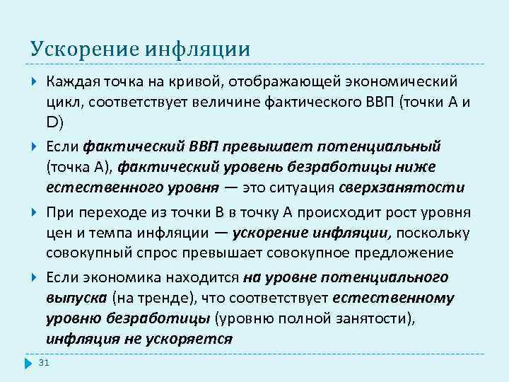 Ускорение инфляции Каждая точка на кривой, отображающей экономический цикл, соответствует величине фактического ВВП (точки