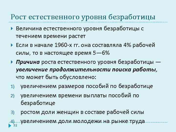 Рост естественного уровня безработицы Величина естественного уровня безработицы с течением времени растет Если в