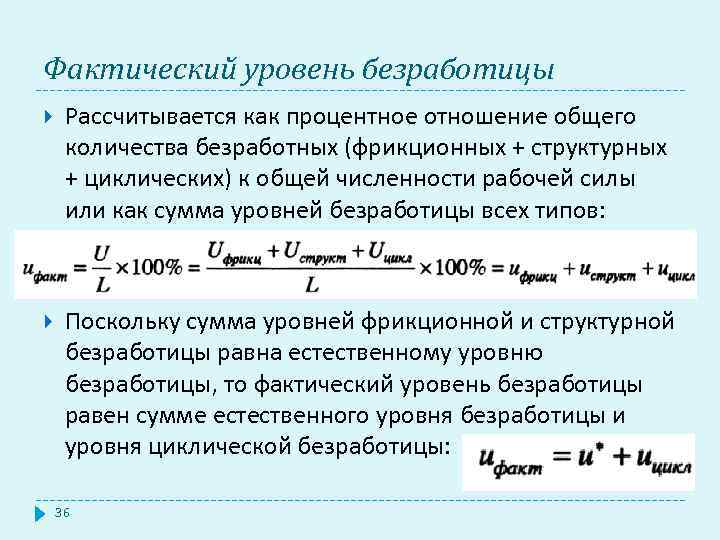 Фактический уровень безработицы Рассчитывается как процентное отношение общего количества безработных (фрикционных + структурных +