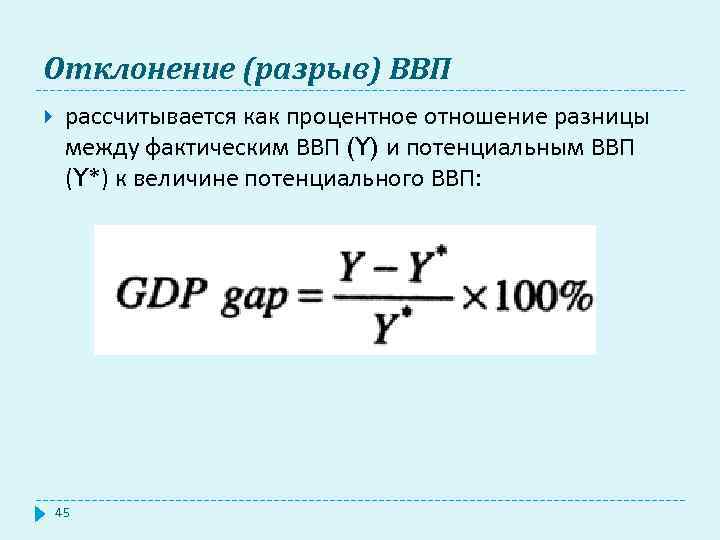 Отклонение (разрыв) ВВП рассчитывается как процентное отношение разницы между фактическим ВВП (Y) и потенциальным