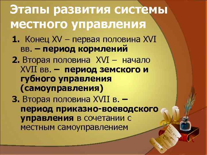 Этапы развития системы местного управления 1. Конец XV – первая половина XVI вв. –