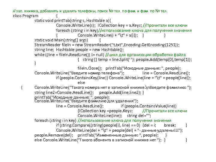 // зап. книжка, добавлять и удалять телефоны, поиск № тел. по фам. и фам.