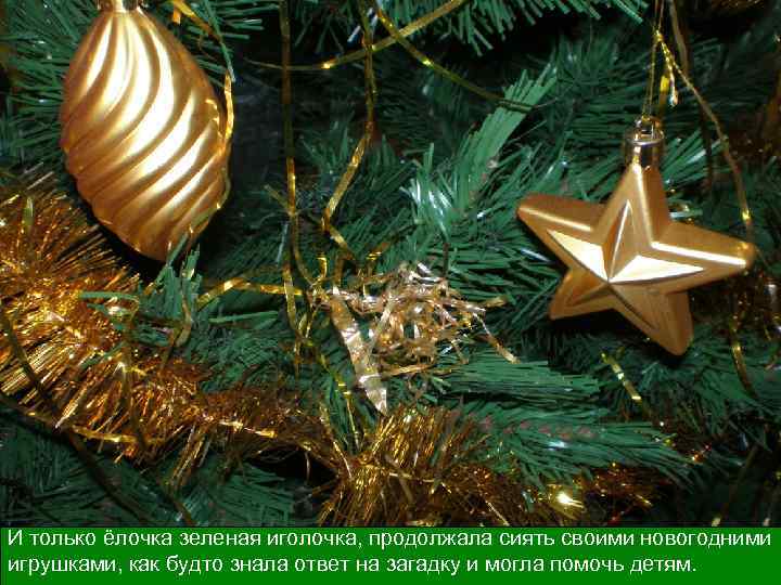 И только ёлочка зеленая иголочка, продолжала сиять своими новогодними игрушками, как будто знала ответ