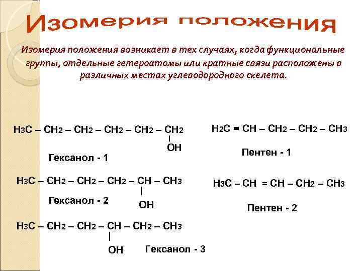 Изомерия положения возникает в тех случаях, когда функциональные группы, отдельные гетероатомы или кратные связи