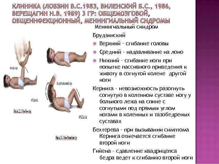 Менингиальный синдром Брудзинский Верхний – сгибание головы Средний – надавливание на лоно Нижний –