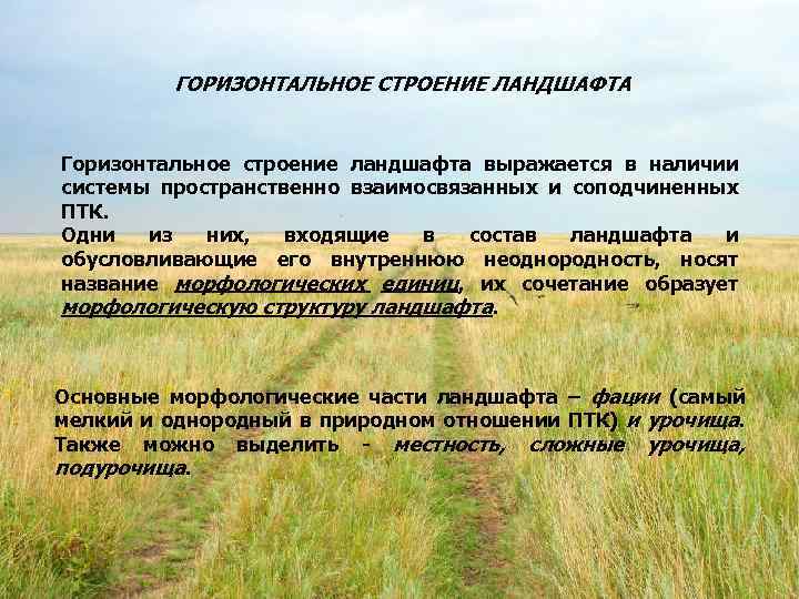 ГОРИЗОНТАЛЬНОЕ СТРОЕНИЕ ЛАНДШАФТА Горизонтальное строение ландшафта выражается в наличии системы пространственно взаимосвязанных и соподчиненных