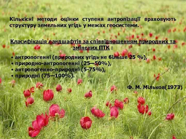Кількісні методи оцінки ступеня антропізації враховують структуру земельних угідь у межах геосистеми. Класифікація ландшафтів