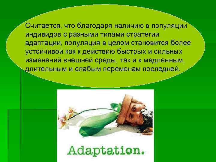 Считается, что благодаря наличию в популяции индивидов с разными типами стратегии адаптации, популяция в