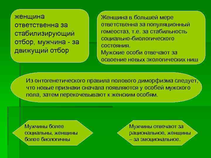 женщина ответственна за стабилизирующий отбор, мужчина за движущий отбор Женщина в большей мере ответственна