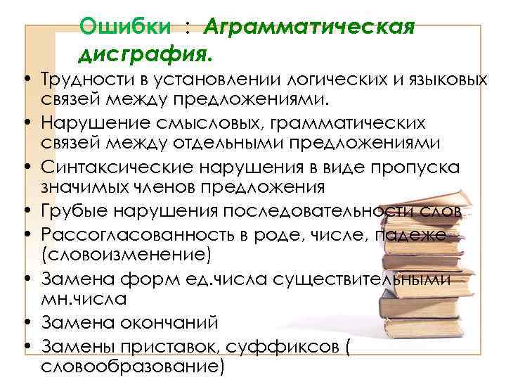 Ошибки : Аграмматическая дисграфия. • Трудности в установлении логических и языковых связей между предложениями.