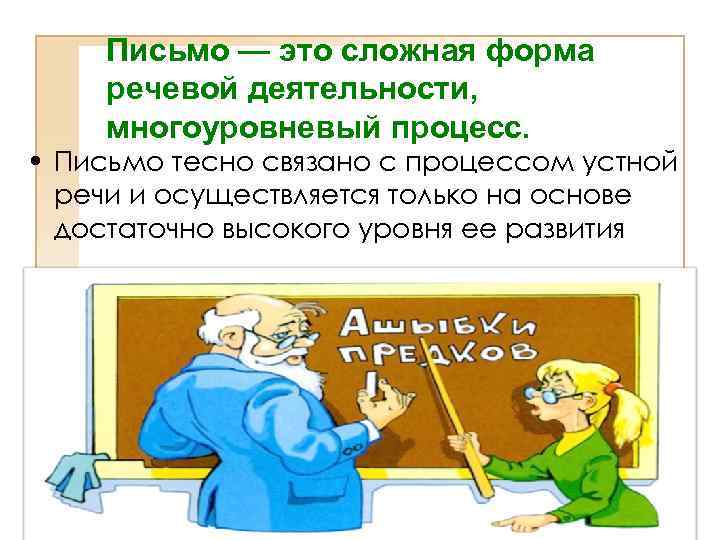 Письмо — это сложная форма речевой деятельности, многоуровневый процесс. • Письмо тесно связано с