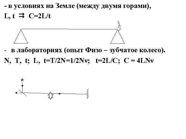 - в условиях на Земле (между двумя горами), L, t C=2 L/t - в