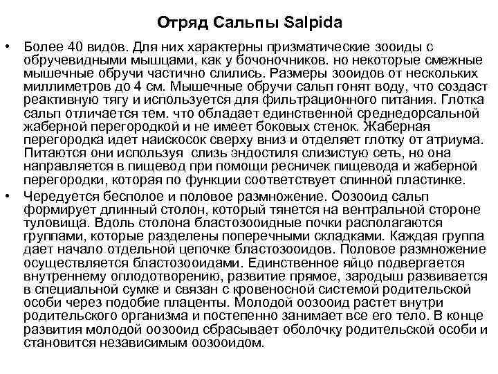 Отряд Сальпы Salpida • Более 40 видов. Для них характерны призматические зооиды с обручевидными