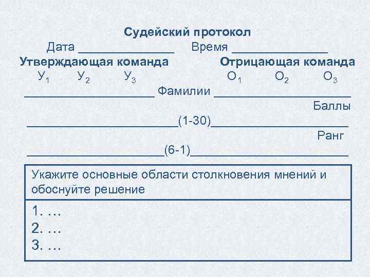 Судейский протокол Дата _______ Время _______ Утверждающая команда Отрицающая команда У 1 У 2