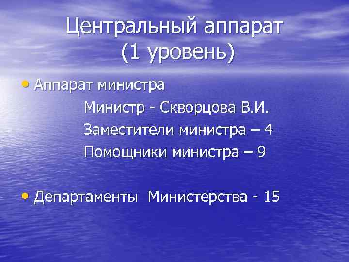 Центральный аппарат (1 уровень) • Аппарат министра Министр - Скворцова В. И. Заместители министра