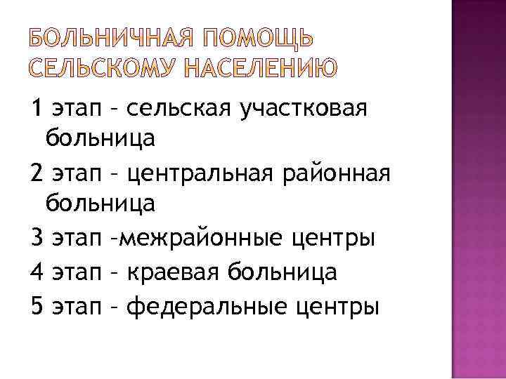 1 этап – сельская участковая больница 2 этап – центральная районная больница 3 этап