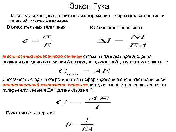 Закон Гука имеет два аналитических выражения— через относительные, и через абсолютные величины В относительных