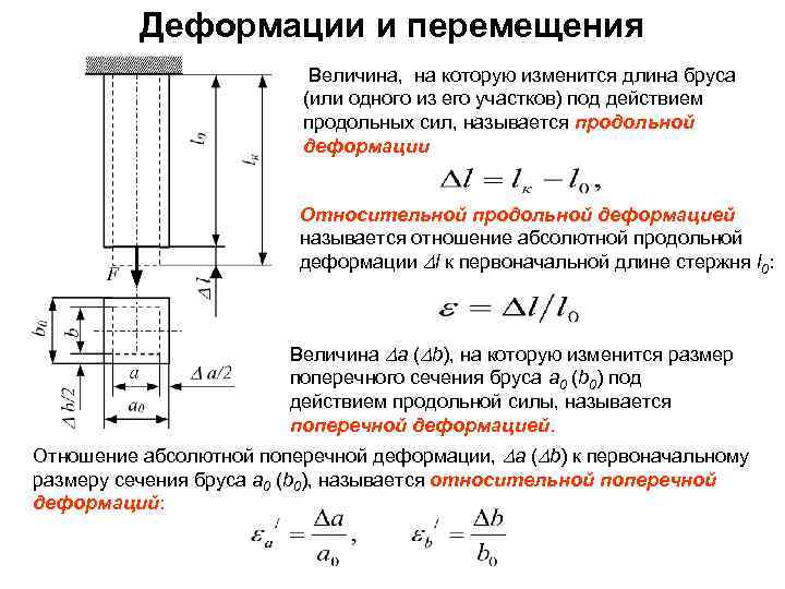 Деформации и перемещения Величина, на которую изменится длина бруса (или одного из его участков)