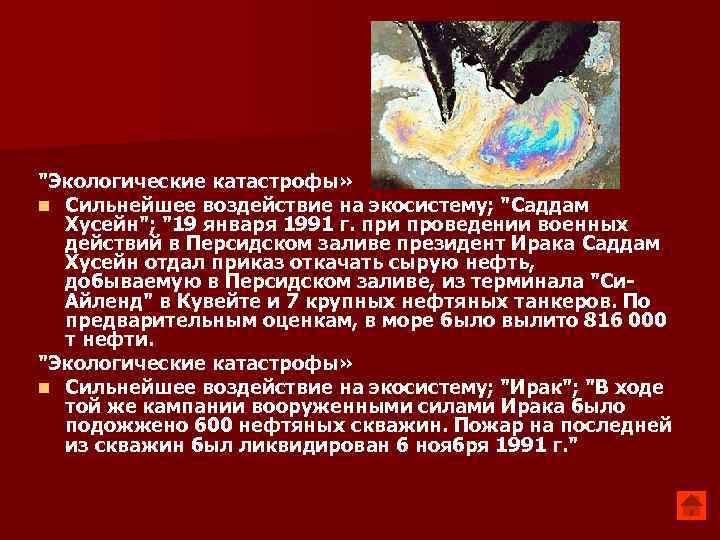 "Экологические катастрофы» n Сильнейшее воздействие на экосистему; "Саддам Хусейн"; "19 января 1991 г. при