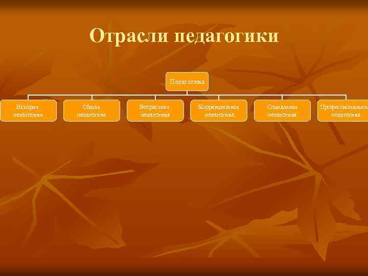 Отрасли педагогики Педагогика История педагогики Общая педагогика Возрастная педагогика Коррекционная педагогика Социальная педагогика Профессиональная