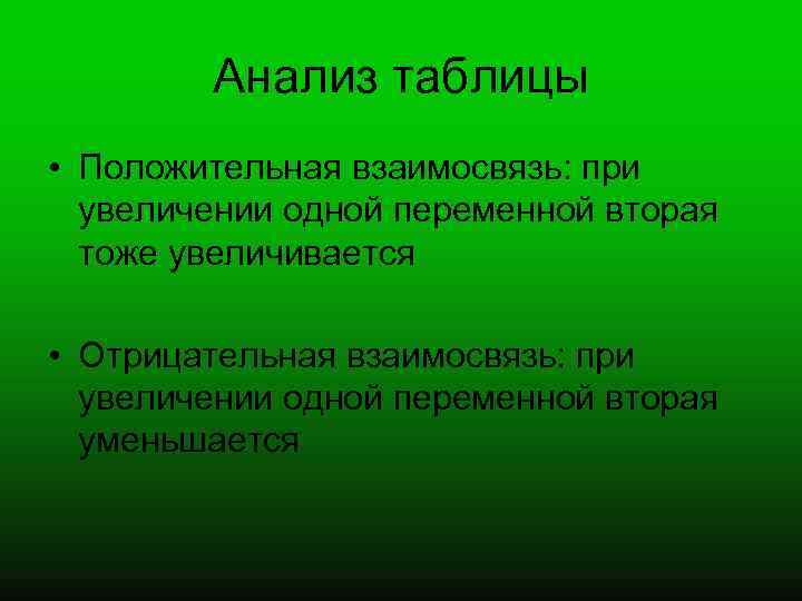 Анализ таблицы • Положительная взаимосвязь: при увеличении одной переменной вторая тоже увеличивается • Отрицательная