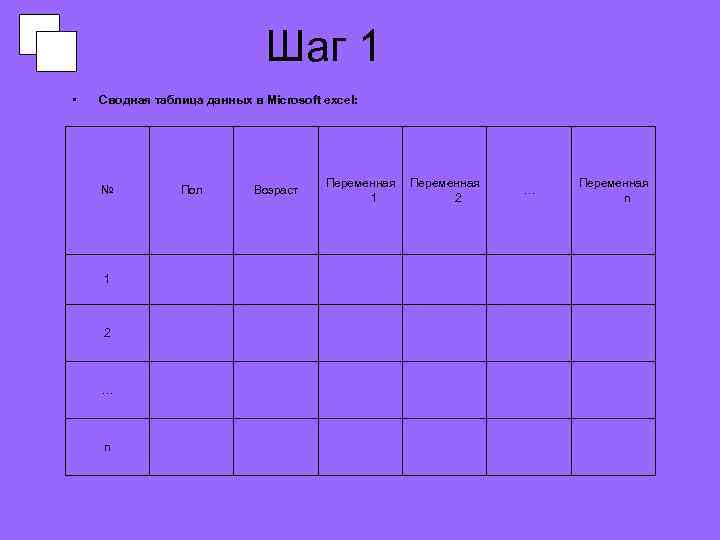 Шаг 1 • Сводная таблица данных в Microsoft excel: Переменная 1 2 … Переменная