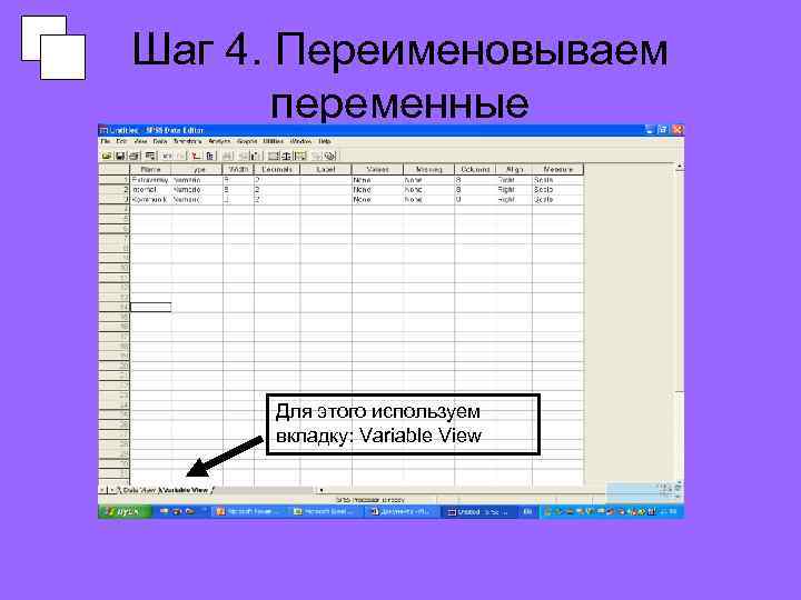 Шаг 4. Переименовываем переменные Для этого используем вкладку: Variable View 