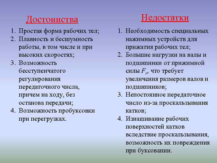 Достоинства 1. Простая форма рабочих тел; 2. Плавность и бесшумность работы, в том числе