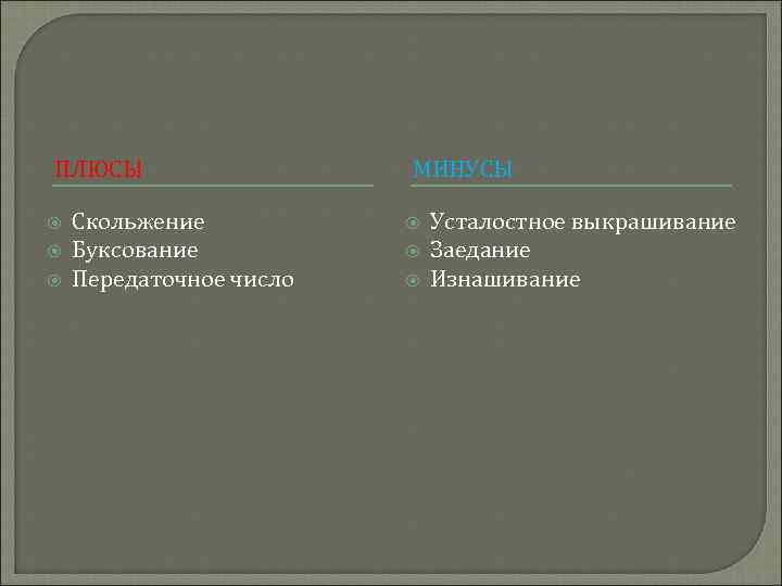 ПЛЮСЫ Скольжение Буксование Передаточное число МИНУСЫ Усталостное выкрашивание Заедание Изнашивание 