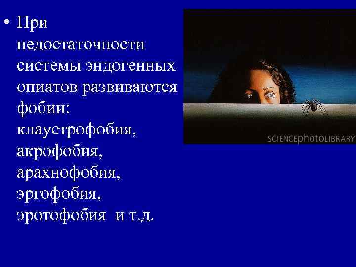  • При недостаточности системы эндогенных опиатов развиваются фобии: клаустрофобия, акрофобия, арахнофобия, эргофобия, эротофобия