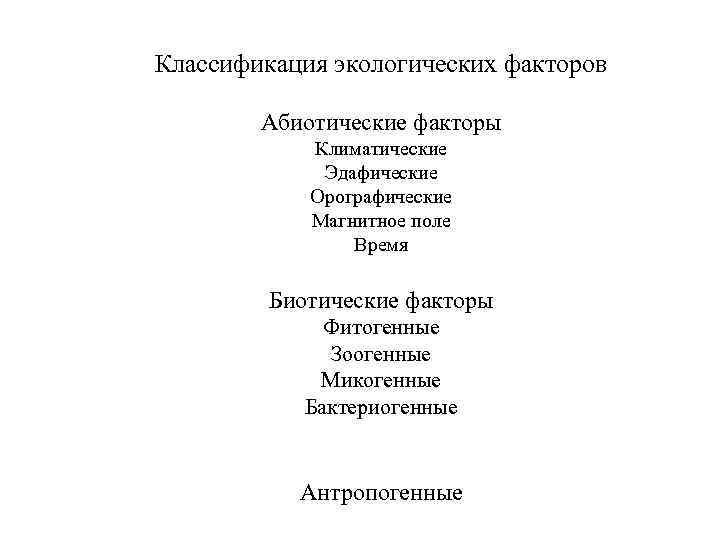 Классификация экологических факторов Абиотические факторы Климатические Эдафические Орографические Магнитное поле Время Биотические факторы Фитогенные