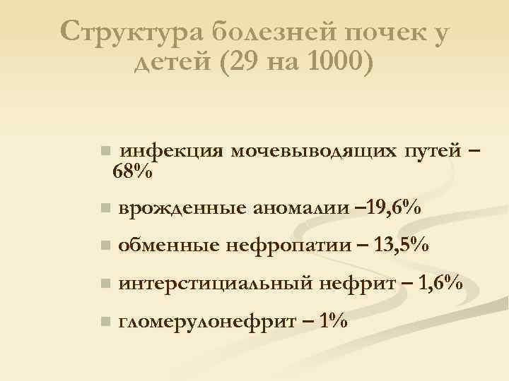 Структура болезней почек у детей (29 на 1000) n инфекция мочевыводящих путей – 68%