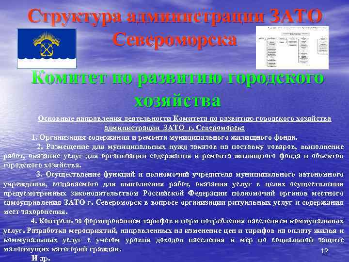Структура администрации ЗАТО Североморска Комитет по развитию городского хозяйства Основные направления деятельности Комитета по