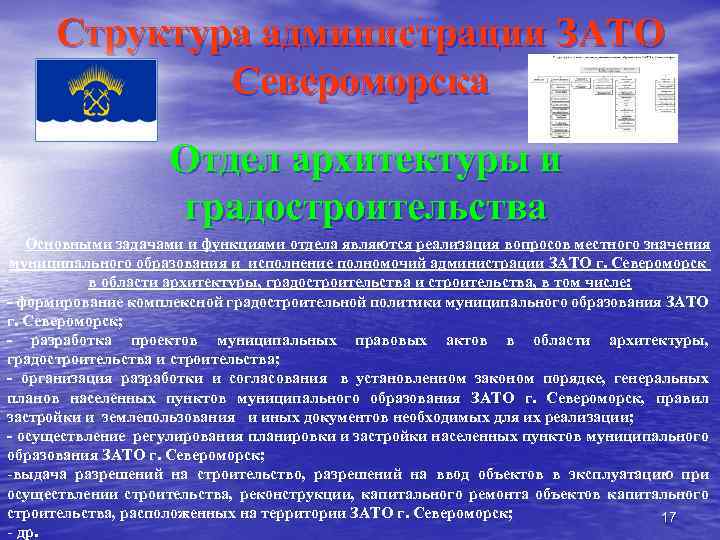 Структура администрации ЗАТО Североморска Отдел архитектуры и градостроительства Основными задачами и функциями отдела являются