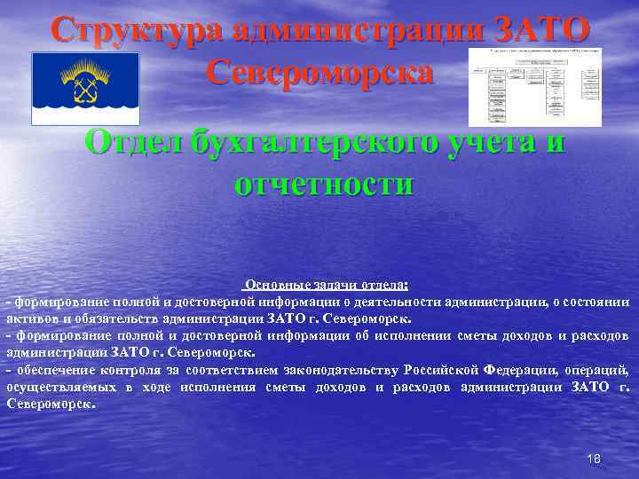 Структура администрации ЗАТО Североморска Отдел бухгалтерского учета и отчетности Основные задачи отдела: формирование полной
