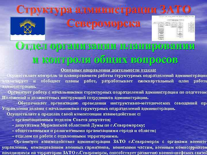 Структура администрации ЗАТО Североморска Отдел организации планирования и контроля общих вопросов Основные направления деятельности