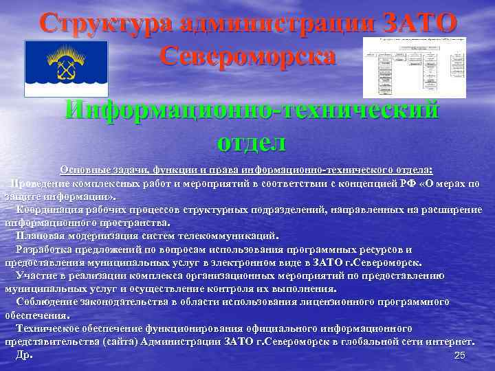Структура администрации ЗАТО Североморска Информационно технический отдел Основные задачи, функции и права информационно технического