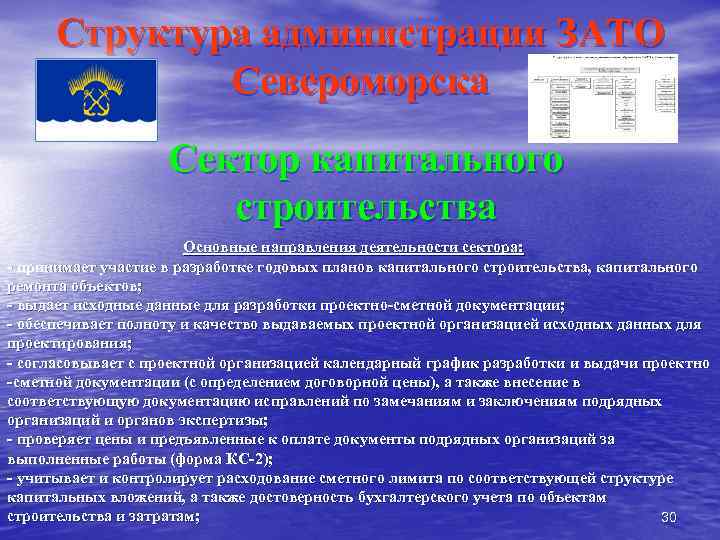 Структура администрации ЗАТО Североморска Сектор капитального строительства Основные направления деятельности сектора: принимает участие в
