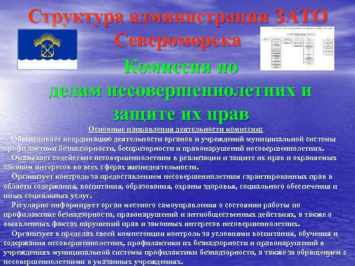 Структура администрации ЗАТО Североморска Комиссия по делам несовершеннолетних и защите их прав Основные направления