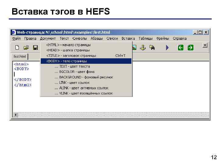 Вставка тэгов в HEFS 12 