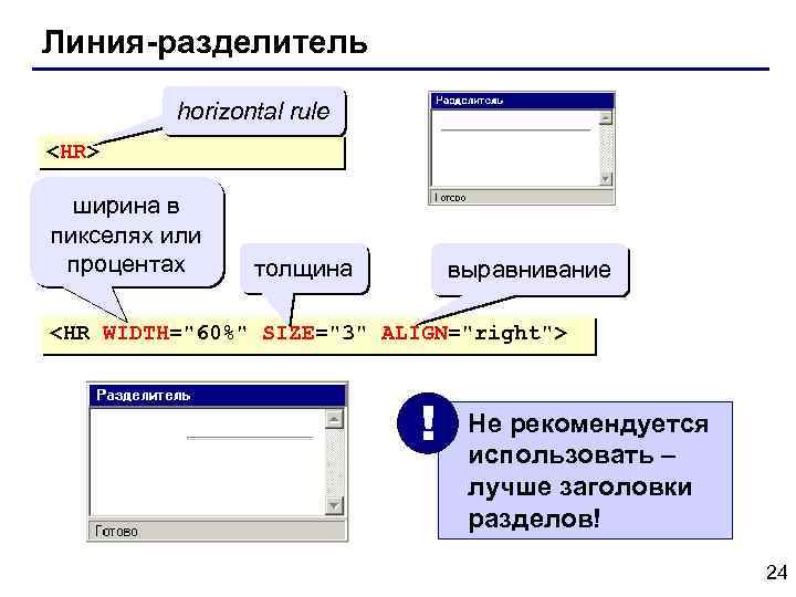 Линия-разделитель horizontal rule <HR> ширина в пикселях или процентах толщина выравнивание <HR WIDTH="60%" SIZE="3"