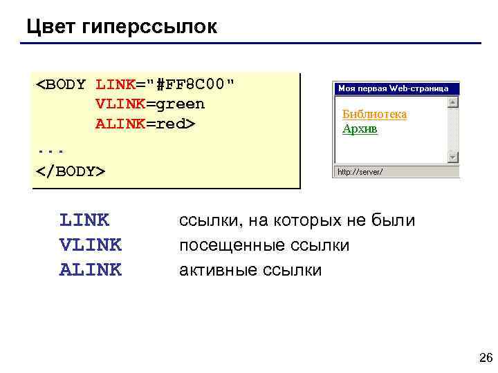 Цвет гиперссылок <BODY LINK="#FF 8 C 00" VLINK=green ALINK=red>. . . </BODY> LINK VLINK