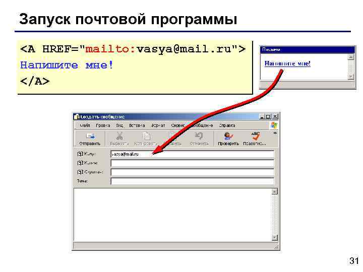 Запуск почтовой программы <A HREF="mailto: vasya@mail. ru"> Напишите мне! </A> 31 