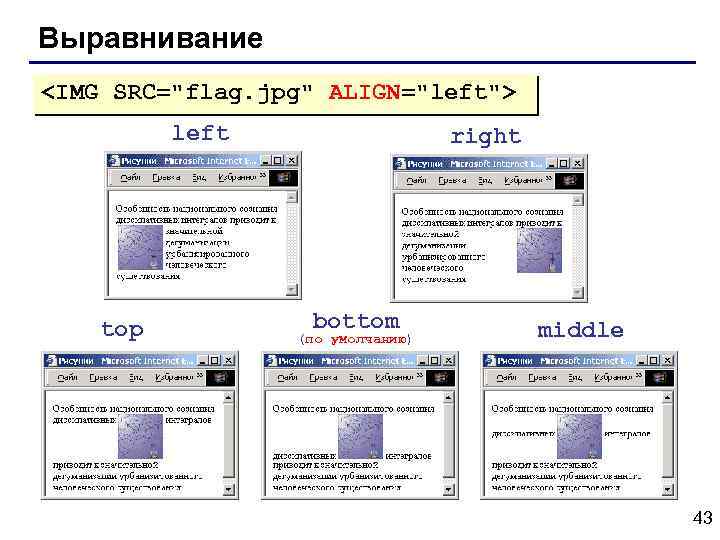 Выравнивание <IMG SRC="flag. jpg" ALIGN="left"> left top right bottom (по умолчанию) middle 43 